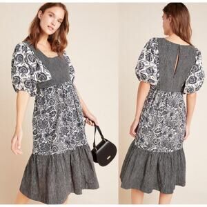 BLOOMINGPRINT Anthropologie Adrienne Flounced Midi Dress Black White Floral